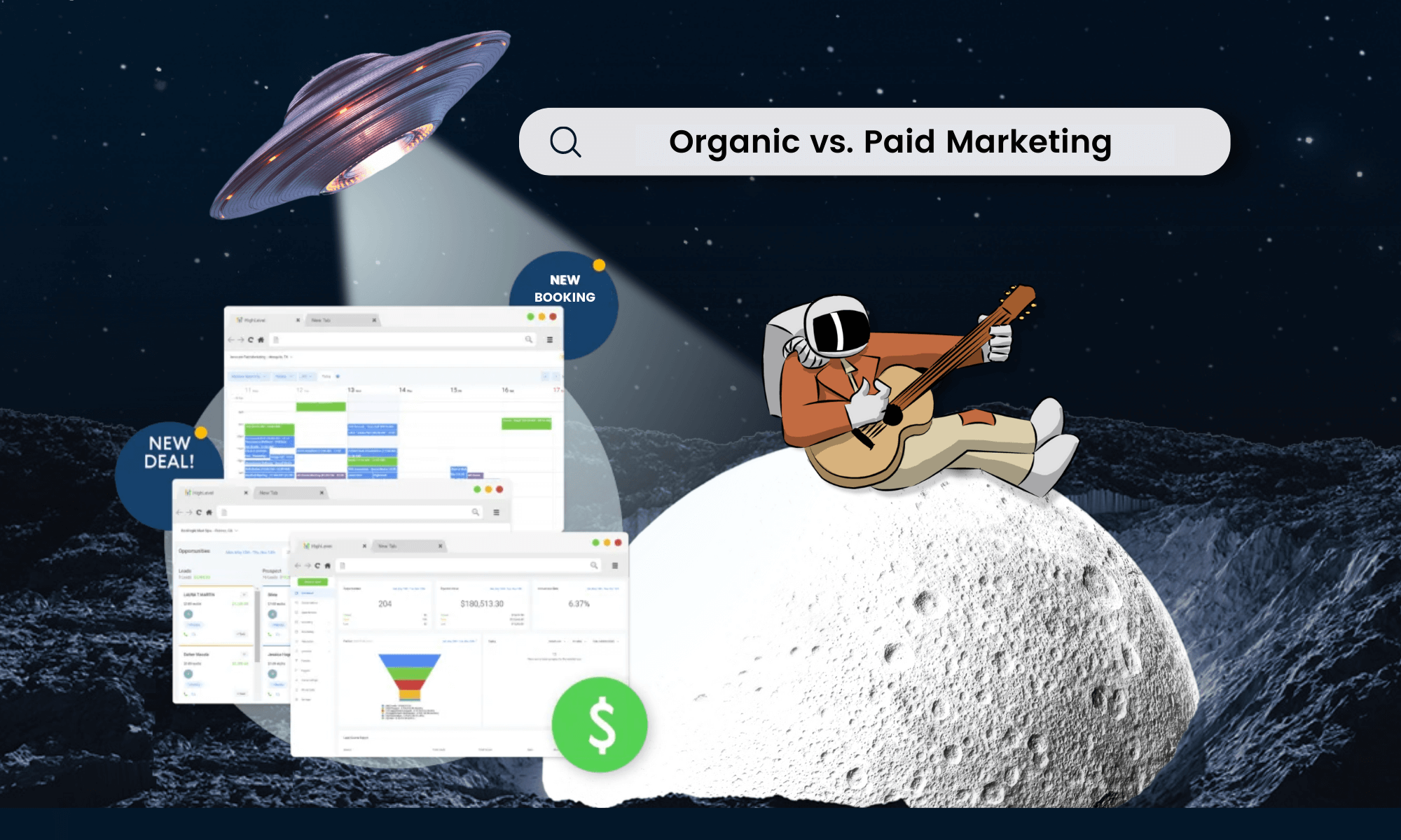 Organic vs. Paid Marketing. Image of the exploringnotboring astronaut sitting on top of the the moon cratered in a planet's dark, bare crust whilst playing the guitar. To the left is a blurred screen shot of reports and marketing funnels.