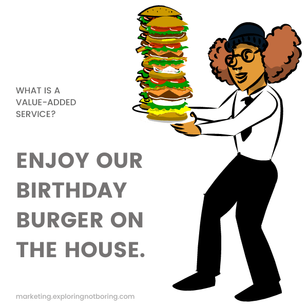 Graphic representing a value-added service to illustrate elevated customer experiences that are personalized and value-driven. Hyper-personalized experiences is part of the 2024 marketing trends for local business marketing. Graphic shows a waiter delivering a mega burger. The caption says, "What is a value-added service? Enjoy our birthday burger on the house." markteing.exploringnotboring.com