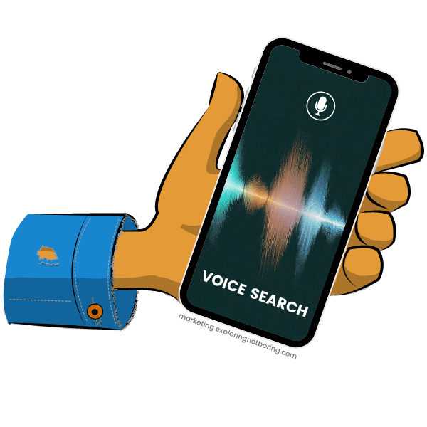Graphic image illustrating voice search SEO marketing - voice search SEO marketing requires long-tail keywords and conversational language to improve rankings in voice search by consumers.